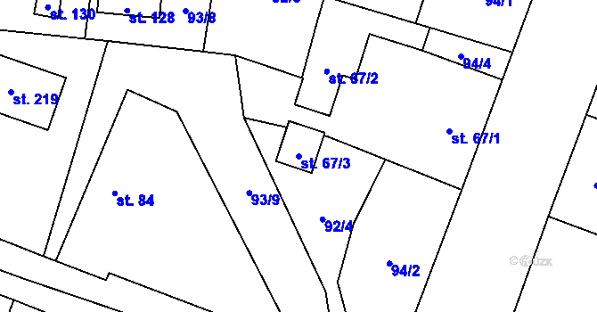 Parcela st. 67/3 v KÚ Myšenec, Katastrální mapa