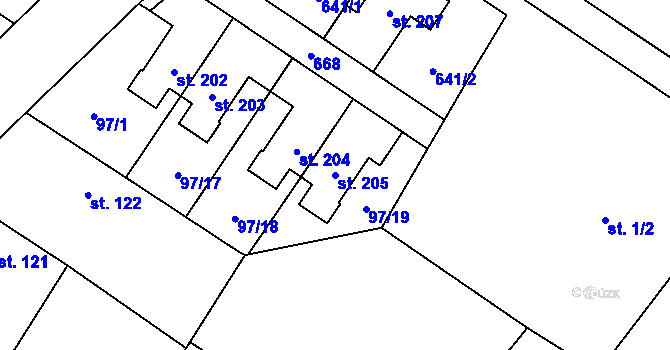 Parcela st. 205 v KÚ Myštěves, Katastrální mapa