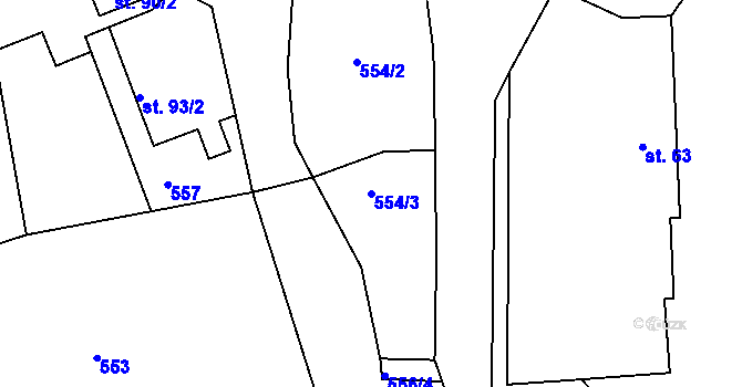 Parcela st. 554/3 v KÚ Dub u Mžan, Katastrální mapa