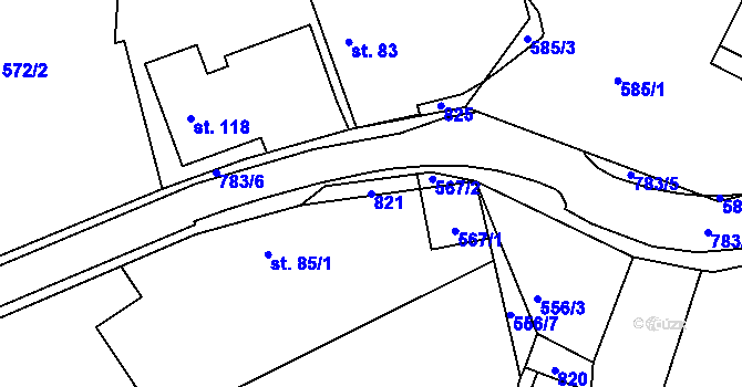 Parcela st. 821 v KÚ Dub u Mžan, Katastrální mapa