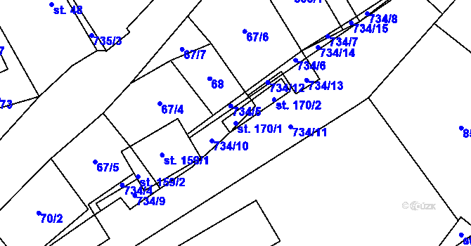 Parcela st. 170/1 v KÚ Mžany, Katastrální mapa