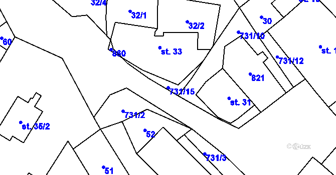 Parcela st. 731/15 v KÚ Mžany, Katastrální mapa