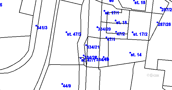 Parcela st. 334/21 v KÚ Nabočany, Katastrální mapa