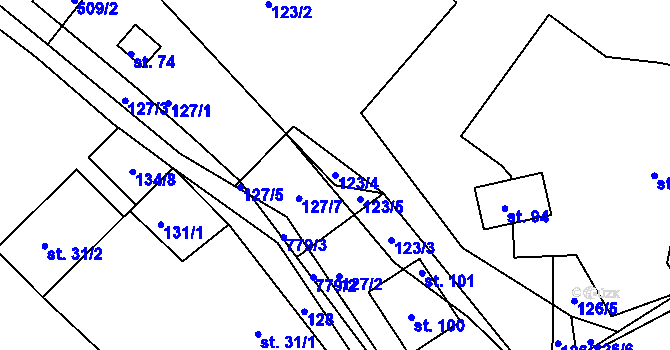 Parcela st. 123/4 v KÚ Licomělice, Katastrální mapa