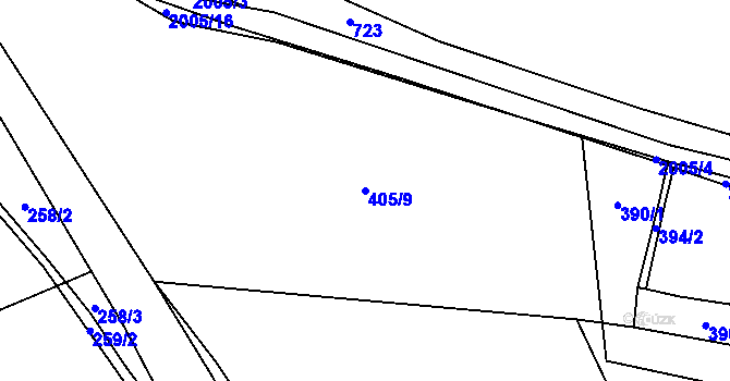 Parcela st. 405/9 v KÚ Nahoruby, Katastrální mapa