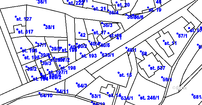 Parcela st. 633/1 v KÚ Běloves, Katastrální mapa