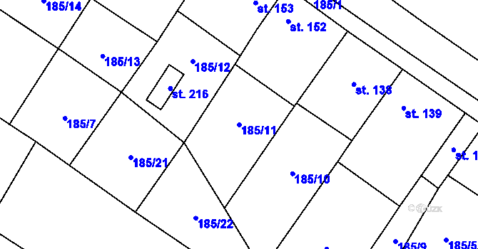 Parcela st. 185/11 v KÚ Střeň, Katastrální mapa