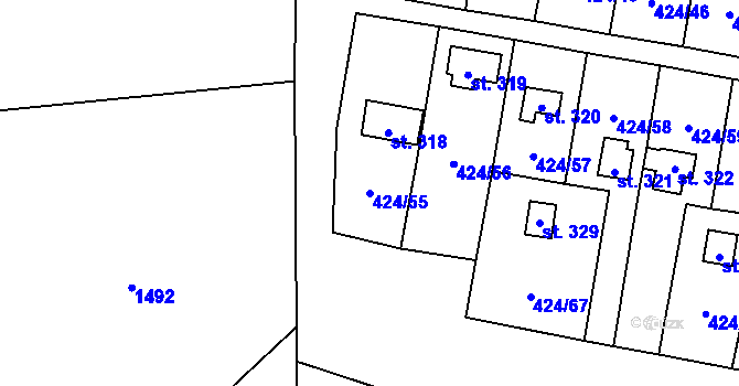 Parcela st. 424/55 v KÚ Nalžovické Podhájí, Katastrální mapa