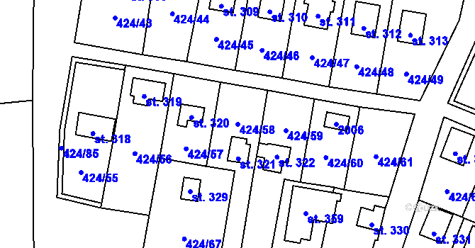 Parcela st. 424/58 v KÚ Nalžovické Podhájí, Katastrální mapa