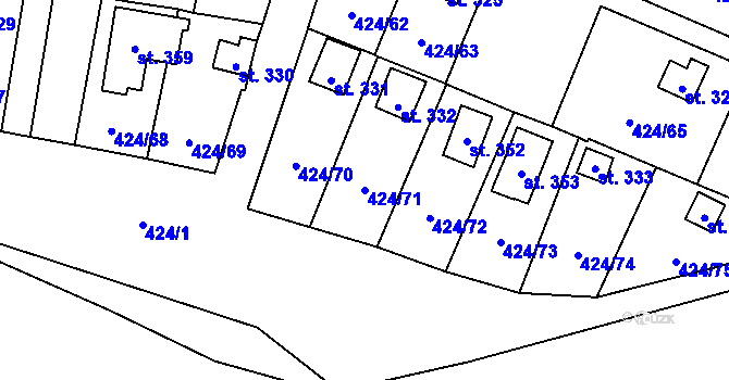 Parcela st. 424/71 v KÚ Nalžovické Podhájí, Katastrální mapa