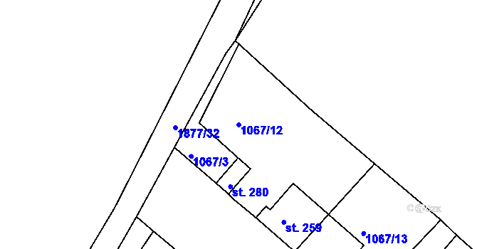 Parcela st. 1067/12 v KÚ Nalžovské Hory, Katastrální mapa