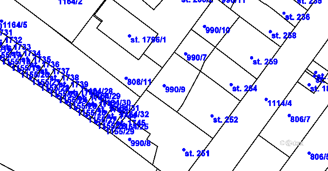 Parcela st. 990/9 v KÚ Náměšť nad Oslavou, Katastrální mapa