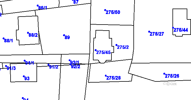 Parcela st. 275/45 v KÚ Narysov, Katastrální mapa