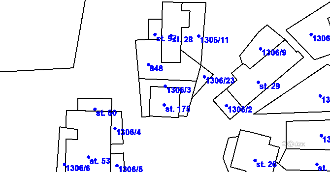 Parcela st. 1306/3 v KÚ Nebahovy, Katastrální mapa