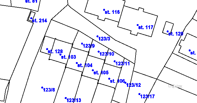 Parcela st. 123/10 v KÚ Žernovice, Katastrální mapa