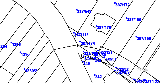 Parcela st. 387/174 v KÚ Nebovidy u Brna, Katastrální mapa