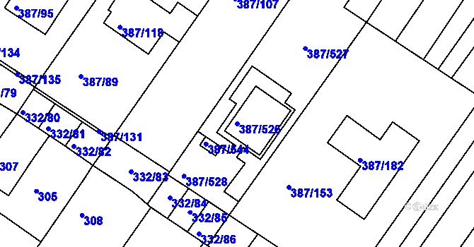 Parcela st. 387/526 v KÚ Nebovidy u Brna, Katastrální mapa