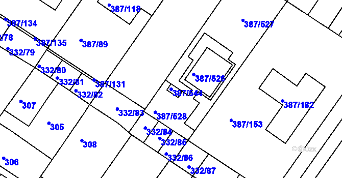 Parcela st. 387/544 v KÚ Nebovidy u Brna, Katastrální mapa