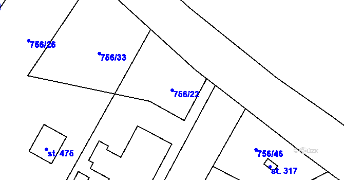 Parcela st. 756/22 v KÚ Nečtiny, Katastrální mapa