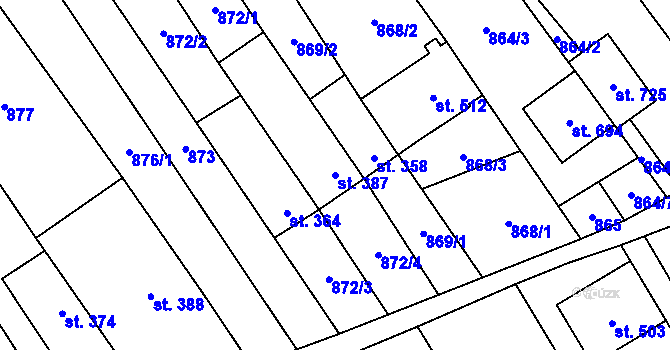 Parcela st. 387 v KÚ Nedakonice, Katastrální mapa