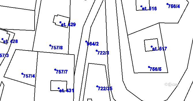 Parcela st. 722/3 v KÚ Nedvědice pod Pernštejnem, Katastrální mapa