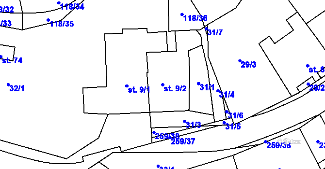 Parcela st. 9/2 v KÚ Pernštejn, Katastrální mapa