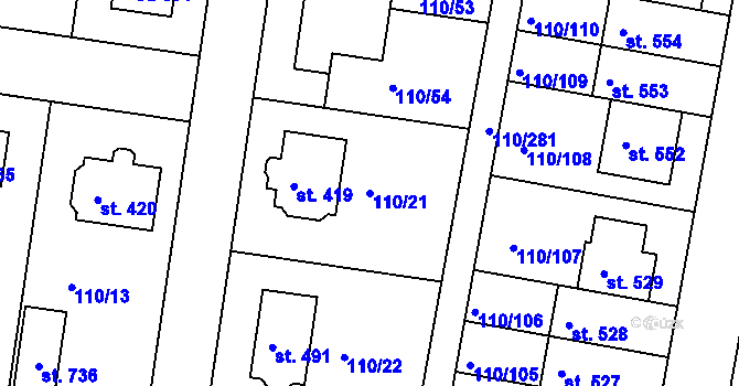 Parcela st. 110/21 v KÚ Nehvizdy, Katastrální mapa