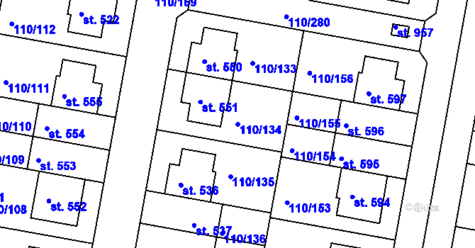 Parcela st. 110/134 v KÚ Nehvizdy, Katastrální mapa