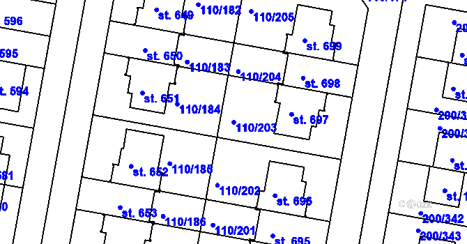 Parcela st. 110/203 v KÚ Nehvizdy, Katastrální mapa