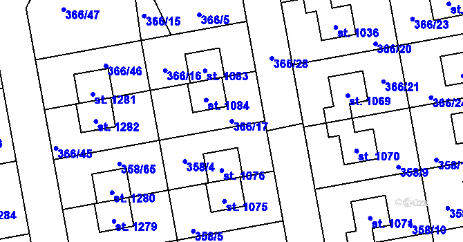 Parcela st. 366/17 v KÚ Nehvizdy, Katastrální mapa