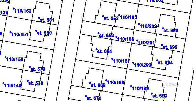 Parcela st. 654 v KÚ Nehvizdy, Katastrální mapa