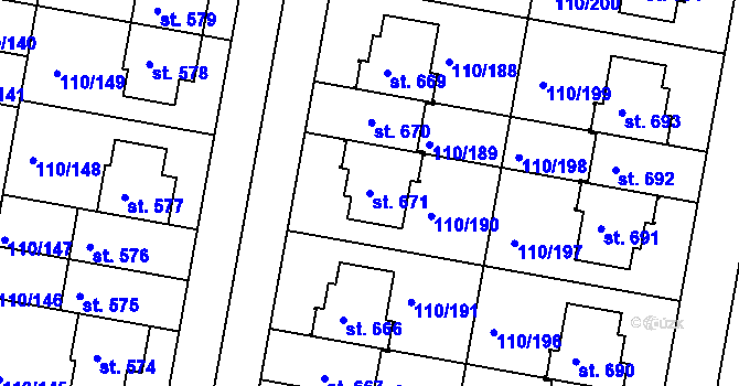 Parcela st. 671 v KÚ Nehvizdy, Katastrální mapa