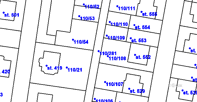 Parcela st. 110/281 v KÚ Nehvizdy, Katastrální mapa