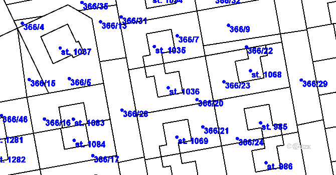 Parcela st. 1036 v KÚ Nehvizdy, Katastrální mapa