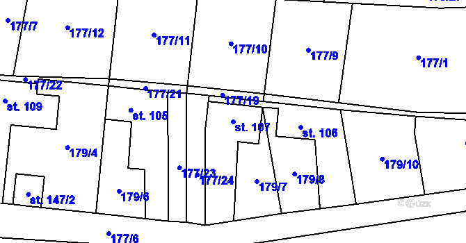 Parcela st. 107 v KÚ Lešany u Nelahozevsi, Katastrální mapa