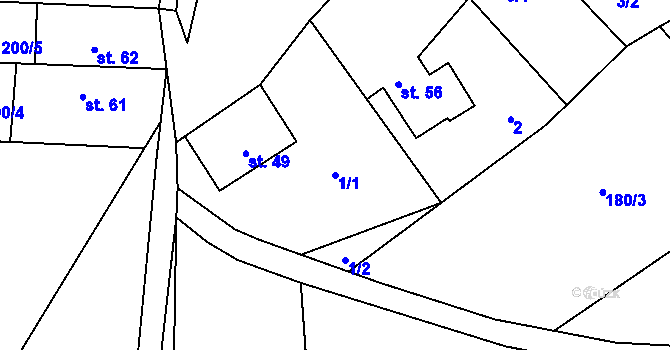 Parcela st. 1/1 v KÚ Lešany u Nelahozevsi, Katastrální mapa