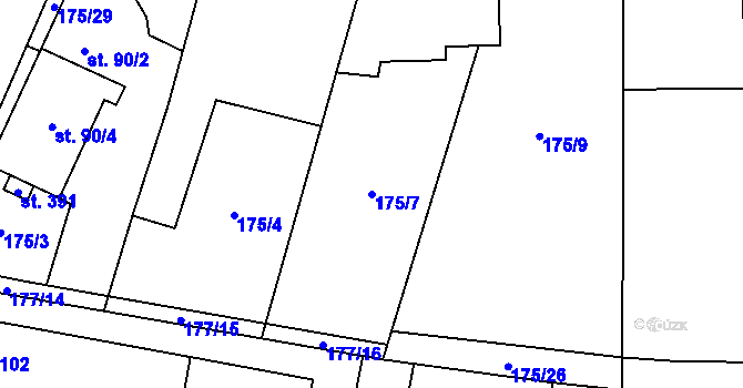 Parcela st. 175/7 v KÚ Lešany u Nelahozevsi, Katastrální mapa