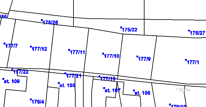 Parcela st. 177/10 v KÚ Lešany u Nelahozevsi, Katastrální mapa