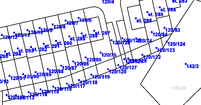 Parcela st. 120/75 v KÚ Lešany u Nelahozevsi, Katastrální mapa