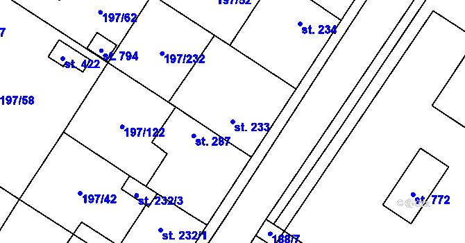Parcela st. 233 v KÚ Nelahozeves, Katastrální mapa