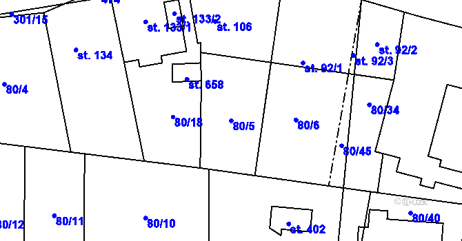 Parcela st. 80/5 v KÚ Nelahozeves, Katastrální mapa