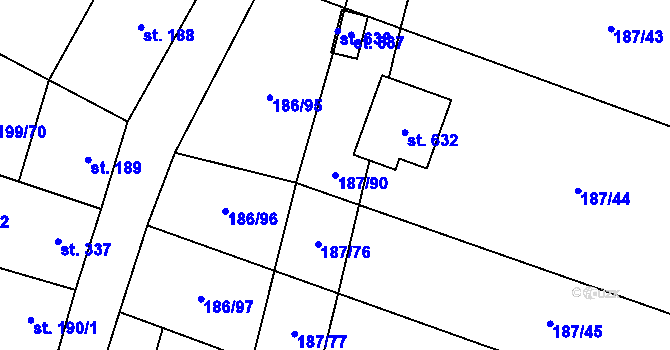 Parcela st. 187/90 v KÚ Nelahozeves, Katastrální mapa