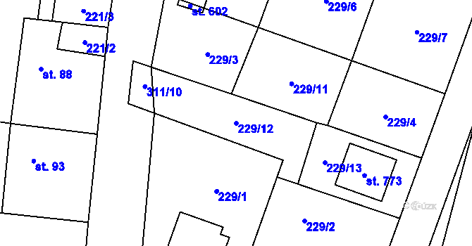 Parcela st. 229/12 v KÚ Nelahozeves, Katastrální mapa