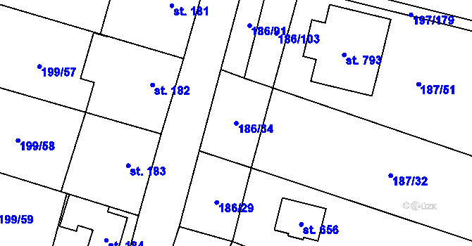 Parcela st. 186/34 v KÚ Nelahozeves, Katastrální mapa