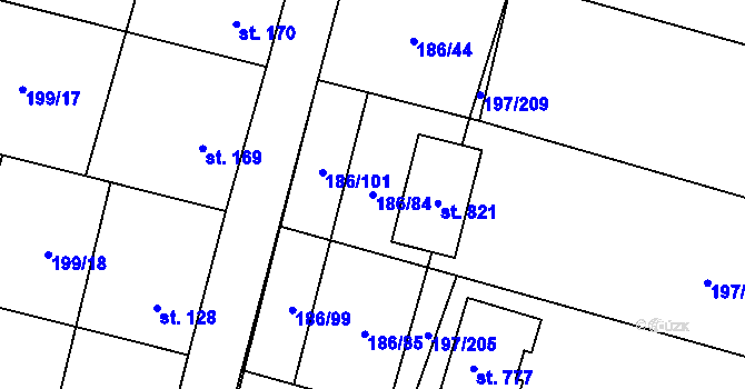 Parcela st. 186/84 v KÚ Nelahozeves, Katastrální mapa
