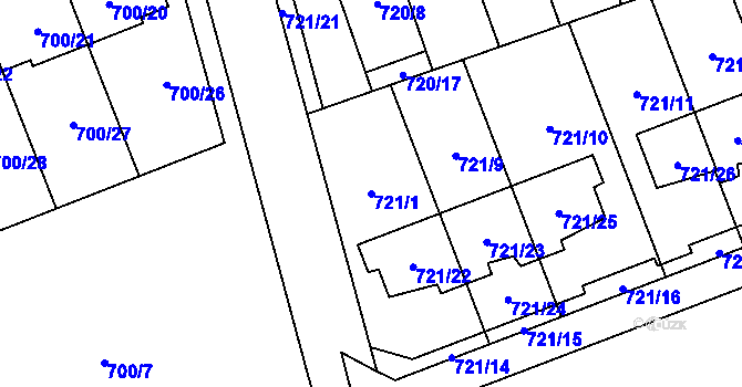 Parcela st. 721/1 v KÚ Nemilany, Katastrální mapa