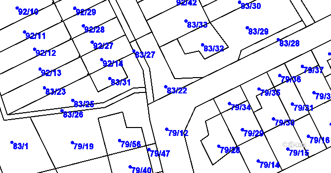 Parcela st. 83/22 v KÚ Nemilany, Katastrální mapa