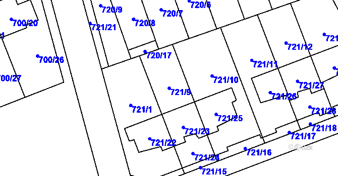 Parcela st. 721/9 v KÚ Nemilany, Katastrální mapa