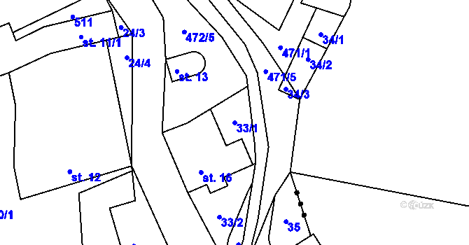 Parcela st. 33/1 v KÚ Lupěné, Katastrální mapa