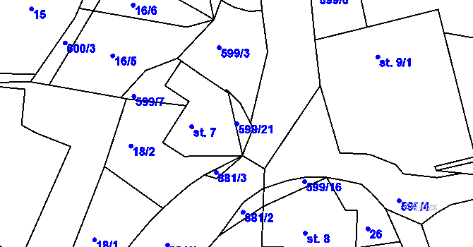 Parcela st. 599/21 v KÚ Prudice, Katastrální mapa